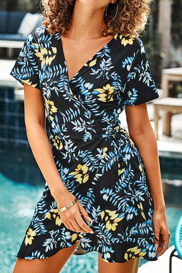 Black Leafy Print Short Sleeve Wrap Dress
