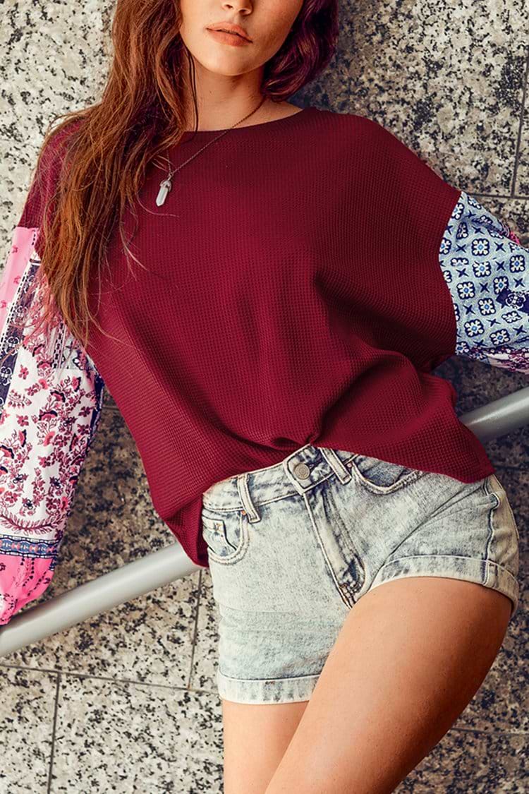 Red Mixed Media Long Sleeve Top