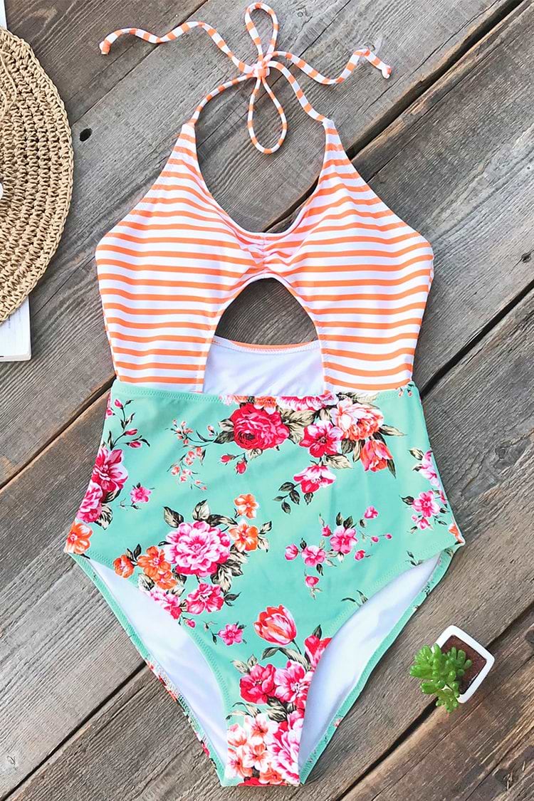 Orange Striped And Floral One-piece Swimsuit