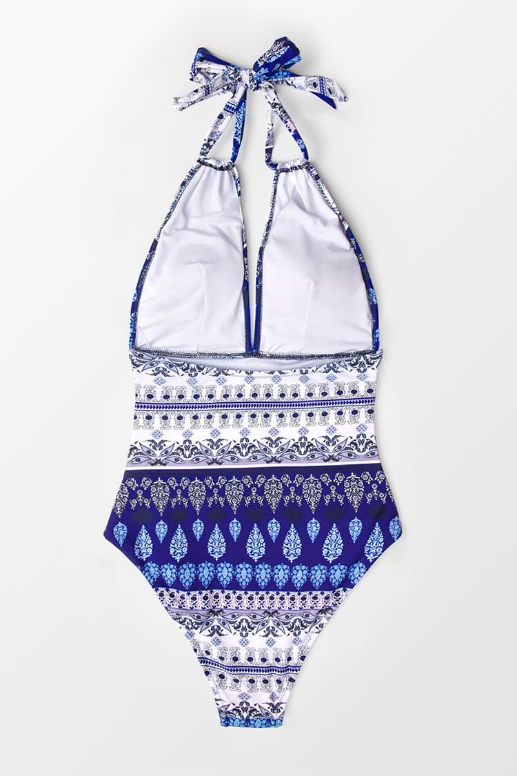 Blue and White Halter One-Piece Swimsuit