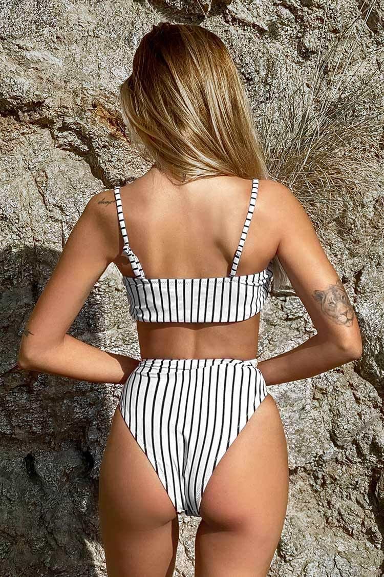 White and Black Stripe High-Waisted Bikini