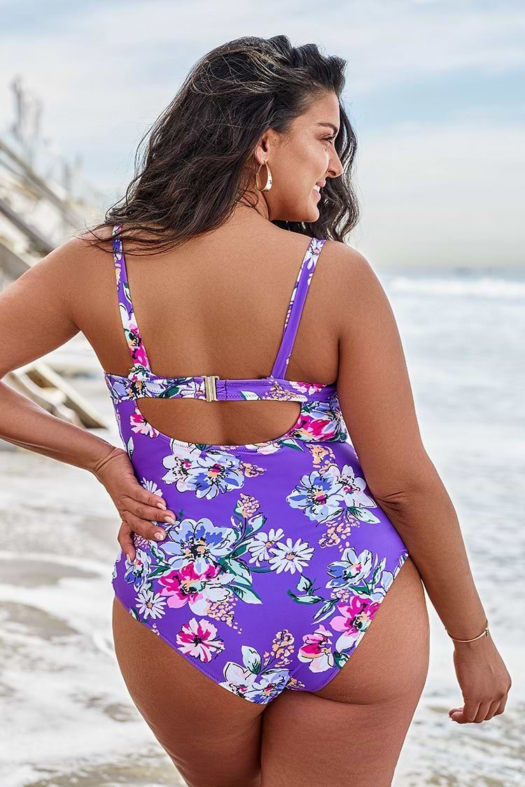 Purple Floral Shirring Plus Size One Piece Swimsuit