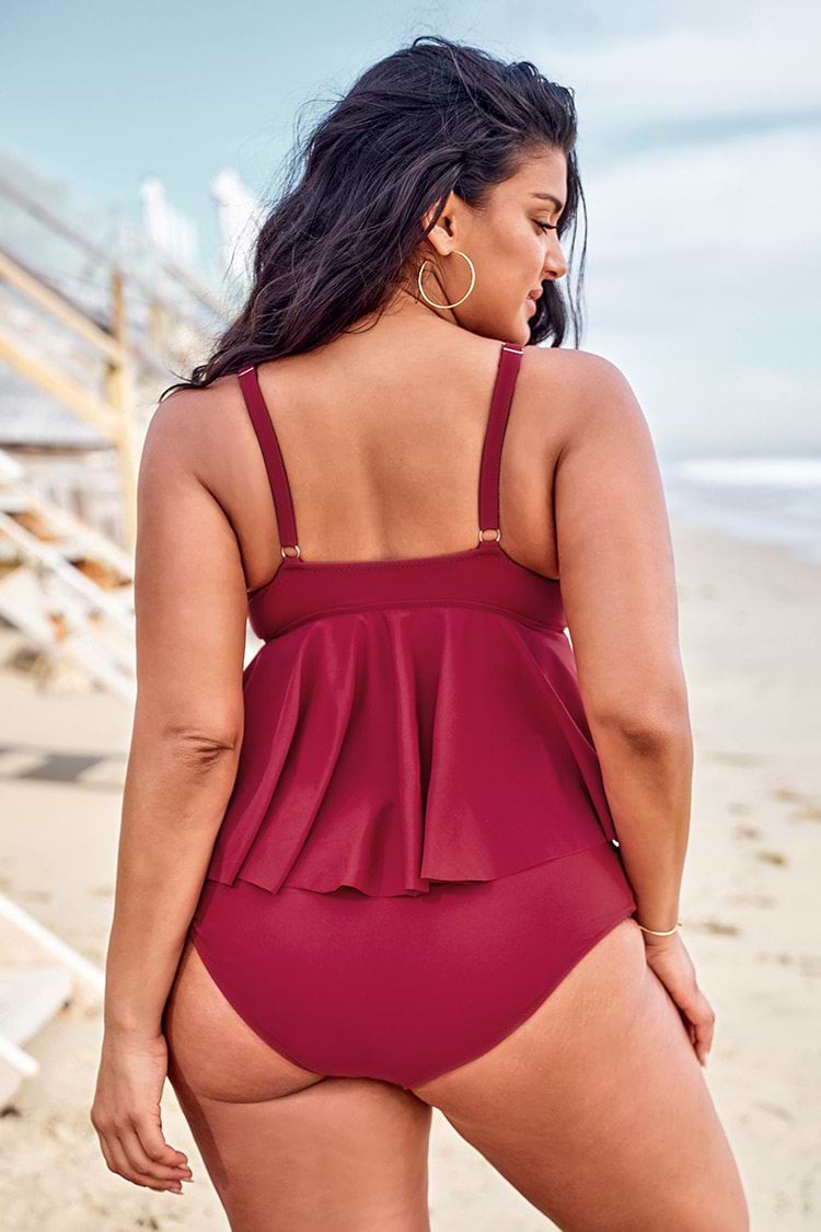 Red Ruffled Plus Size Tankini