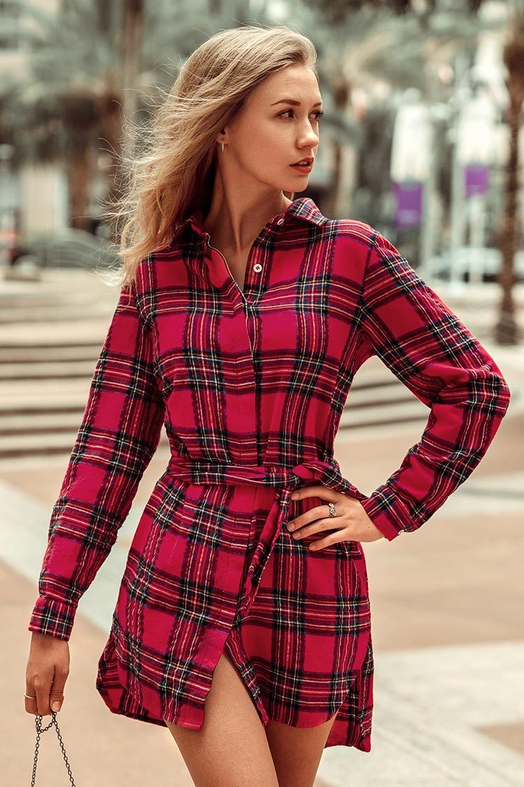 Red Plaid Belt Shirt Dress