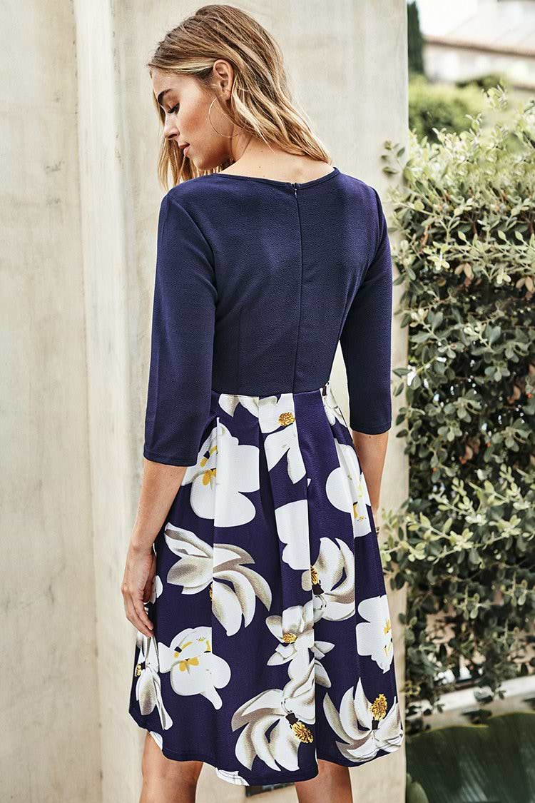 Navy Magnolia Print Dress