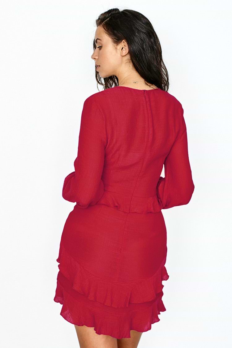 Red Ruffled V-Neck Mini Dress