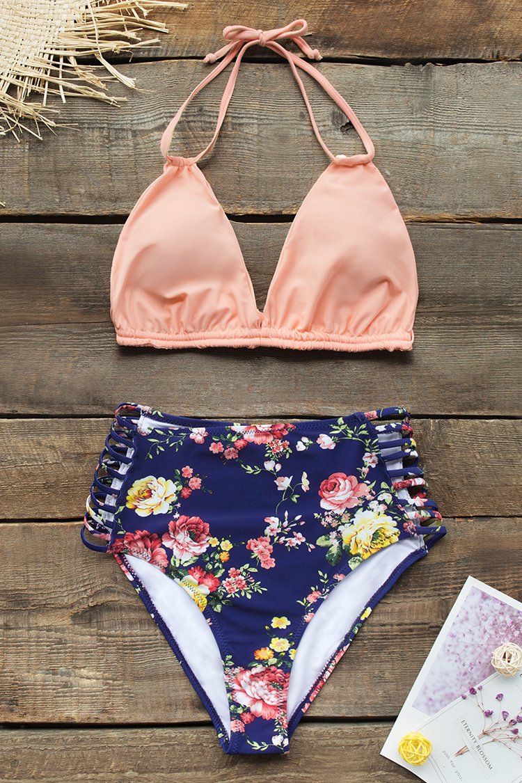 Pink and Floral Halter High-Waisted Bikini