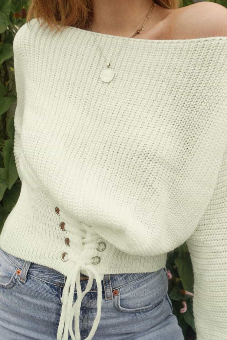 White Lace-Up Off-the-Shoulder Sweater