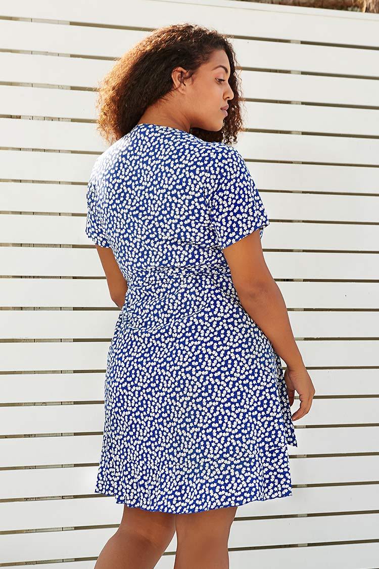 Blue Floral V-Neck Wrap Plus Size Dress
