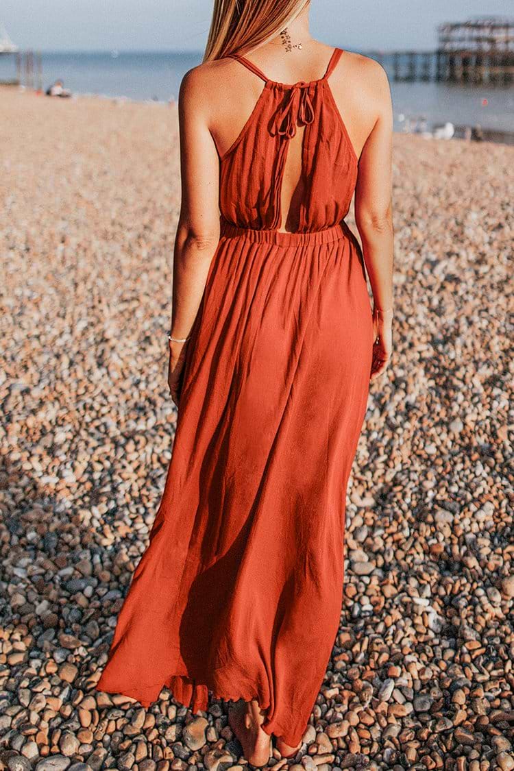 Red Orange V-Neck Maxi Dress