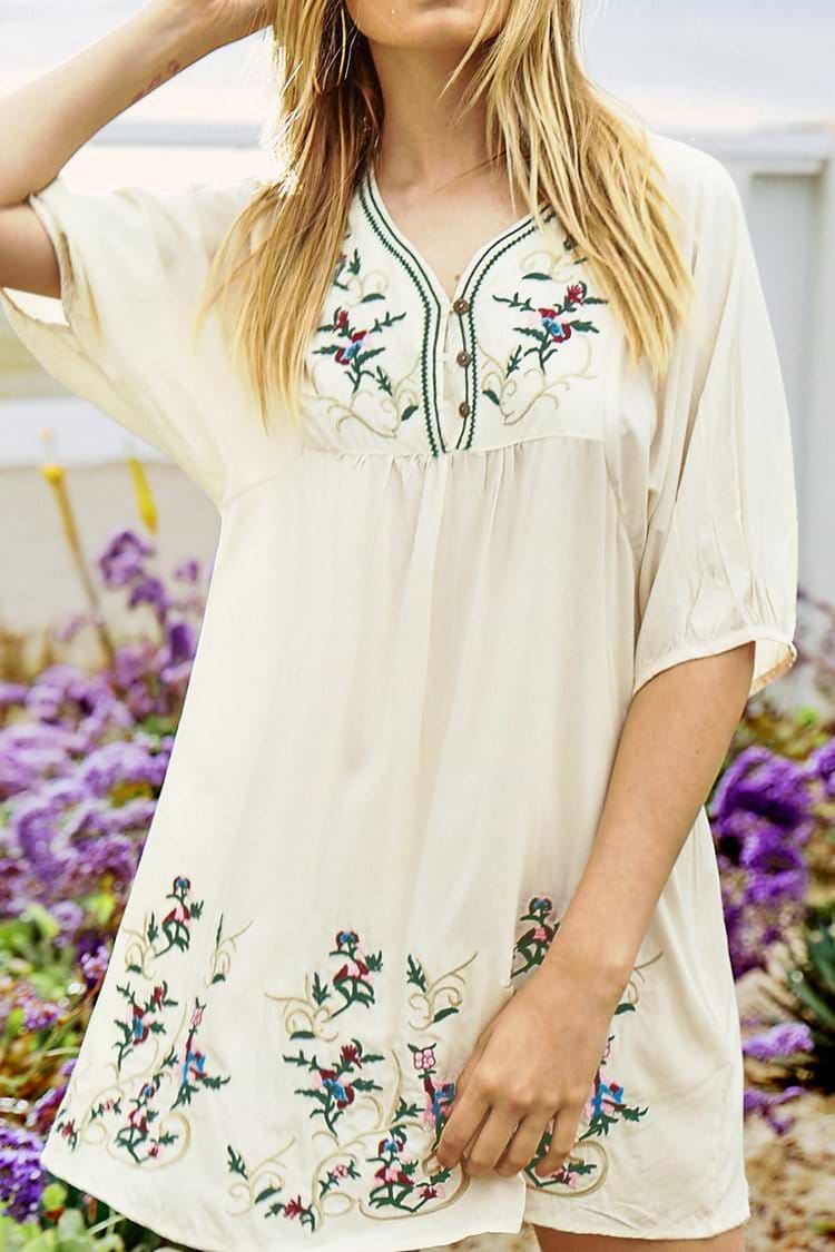 Creamy White Floral Embroidery Front Button Dress