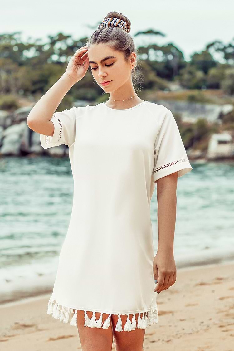 White Tassel Trim Short Dress
