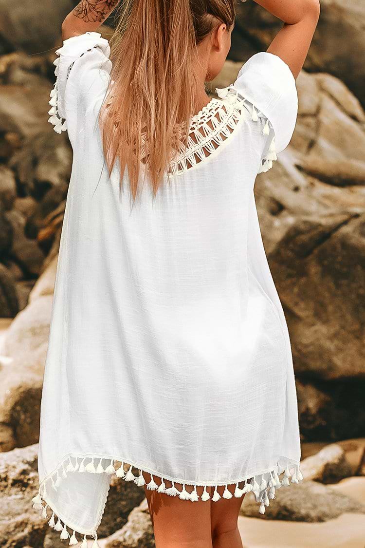 White Tie Front Cover Up with Tassels