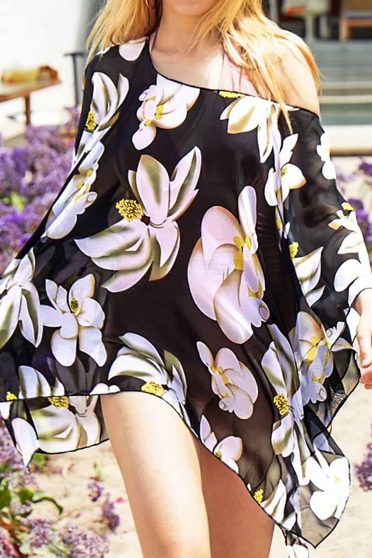 Black Pink Floral Print Cover Up