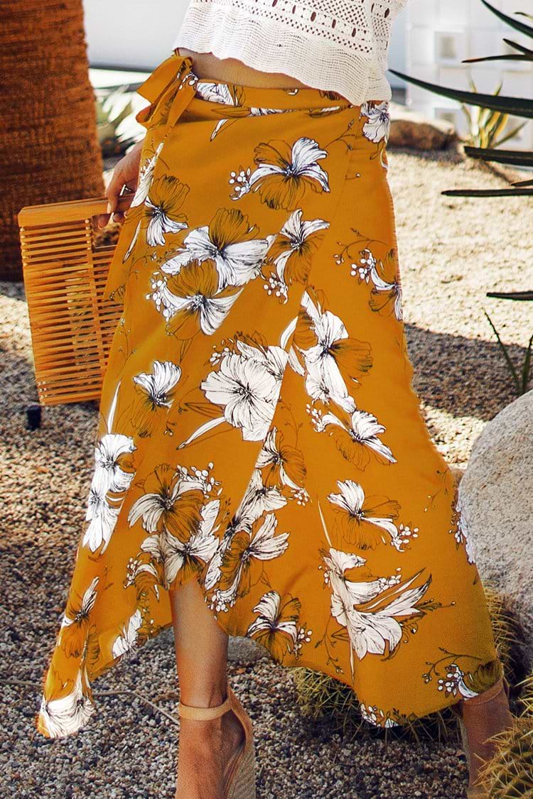 Yellow Floral Print Maxi Skirt
