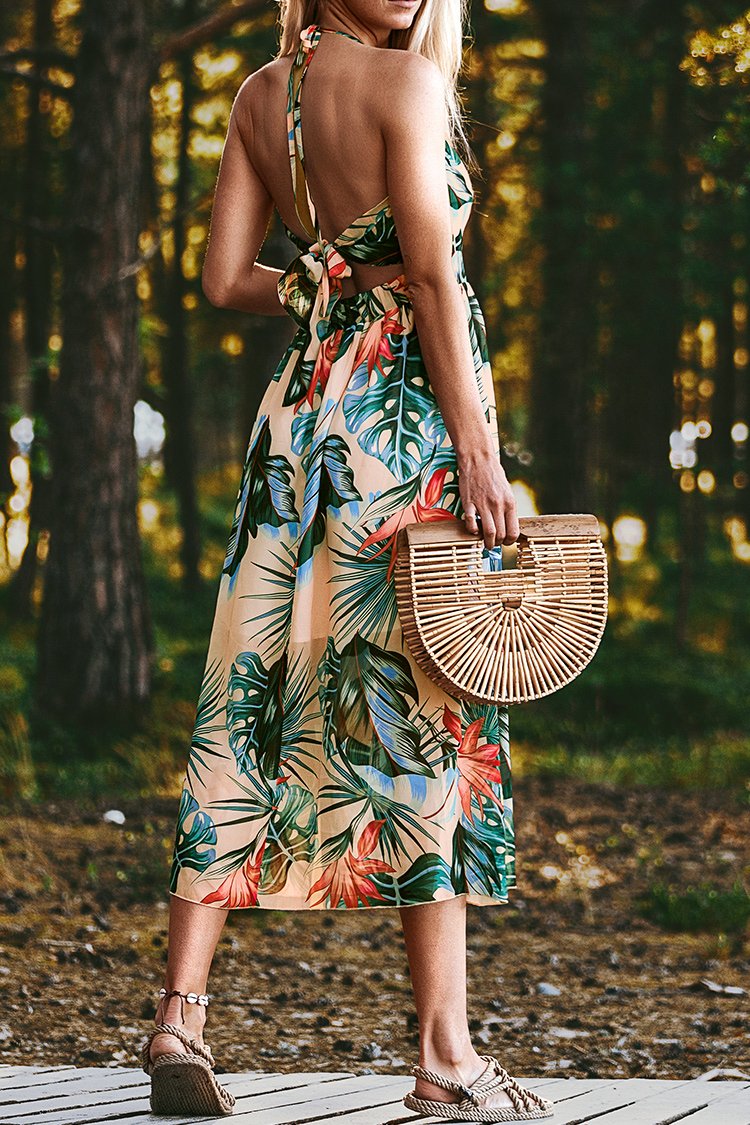 Tropical Floral Print Halter Midi Dress
