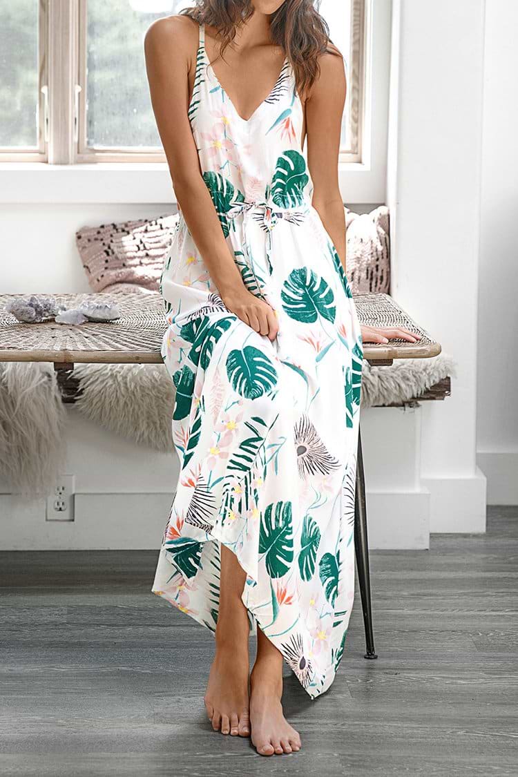 Leafy Print Long Slip Dress