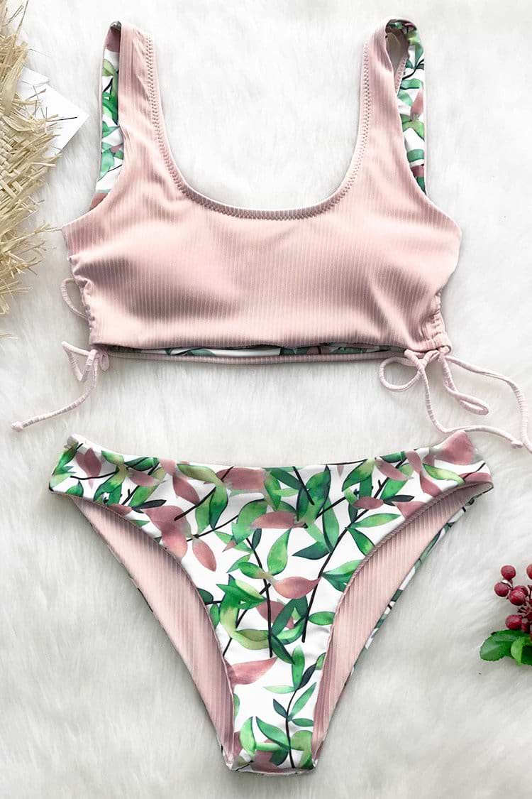 Reversible Pink And Leaves Bikini