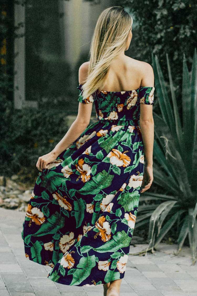 Tropical Hibiscus Smocked Off-the-Shoulder Maxi Dress