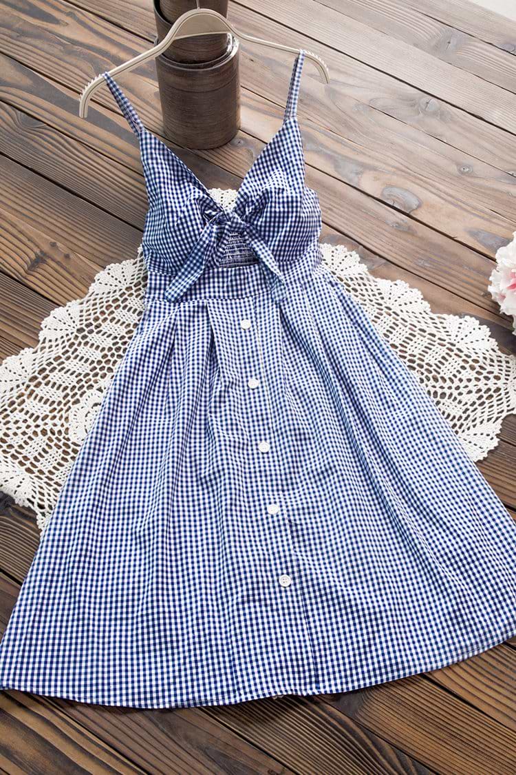 Blue Gingham Tie-Front Dress