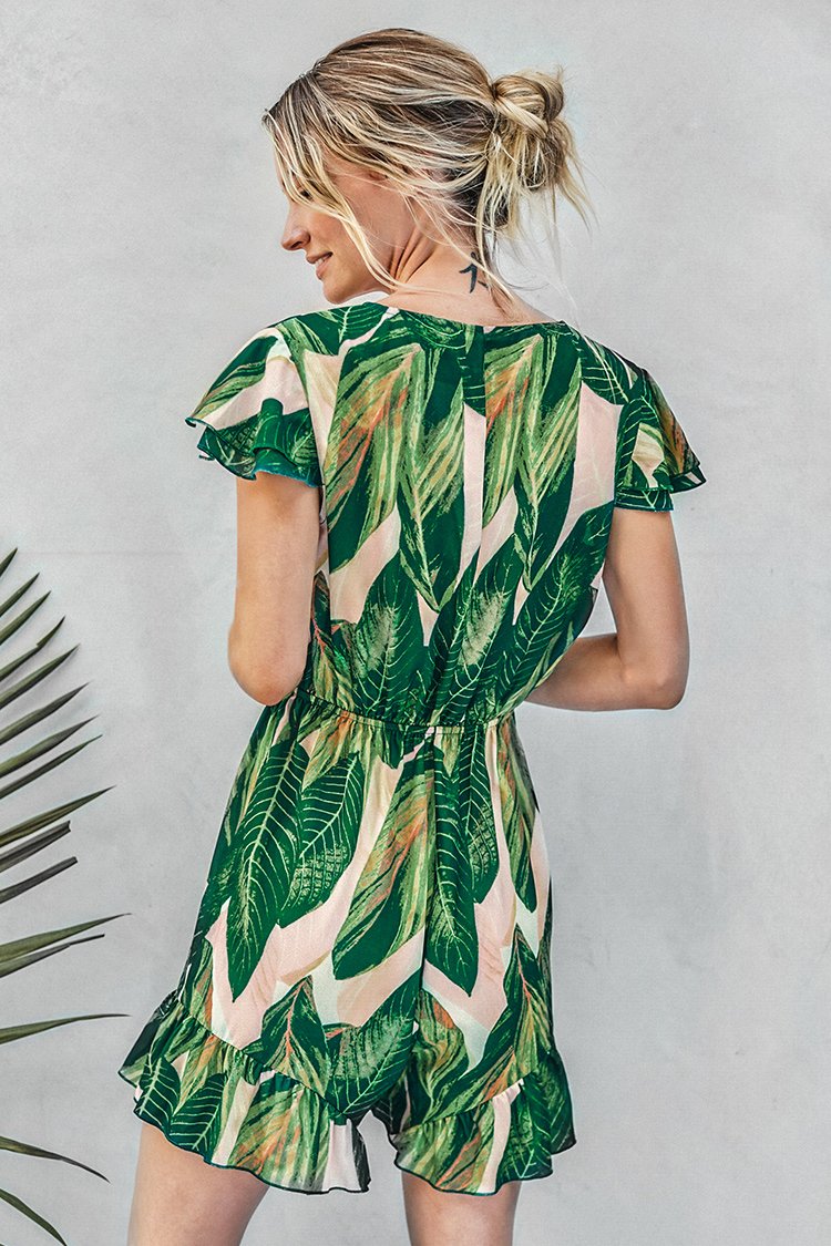 Palm Print Front Tie Romper