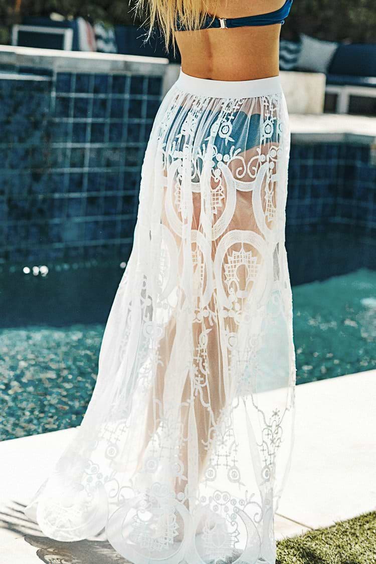 White Lace High-Split Skirt Cover Up