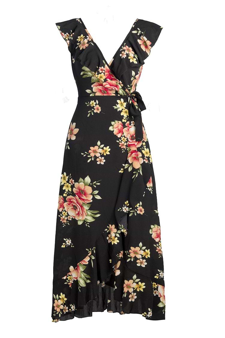 Black Floral Ruffled Wrap Midi Dress