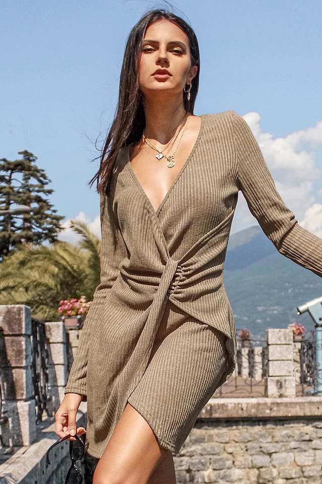 knee length dresses for ladies Faux Suede Puff Sleeve Shirt Dress Plum / M main image 0