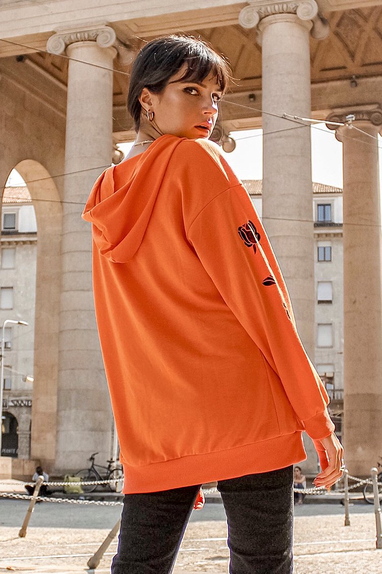 Orange Rose Print Oversized Hoodie