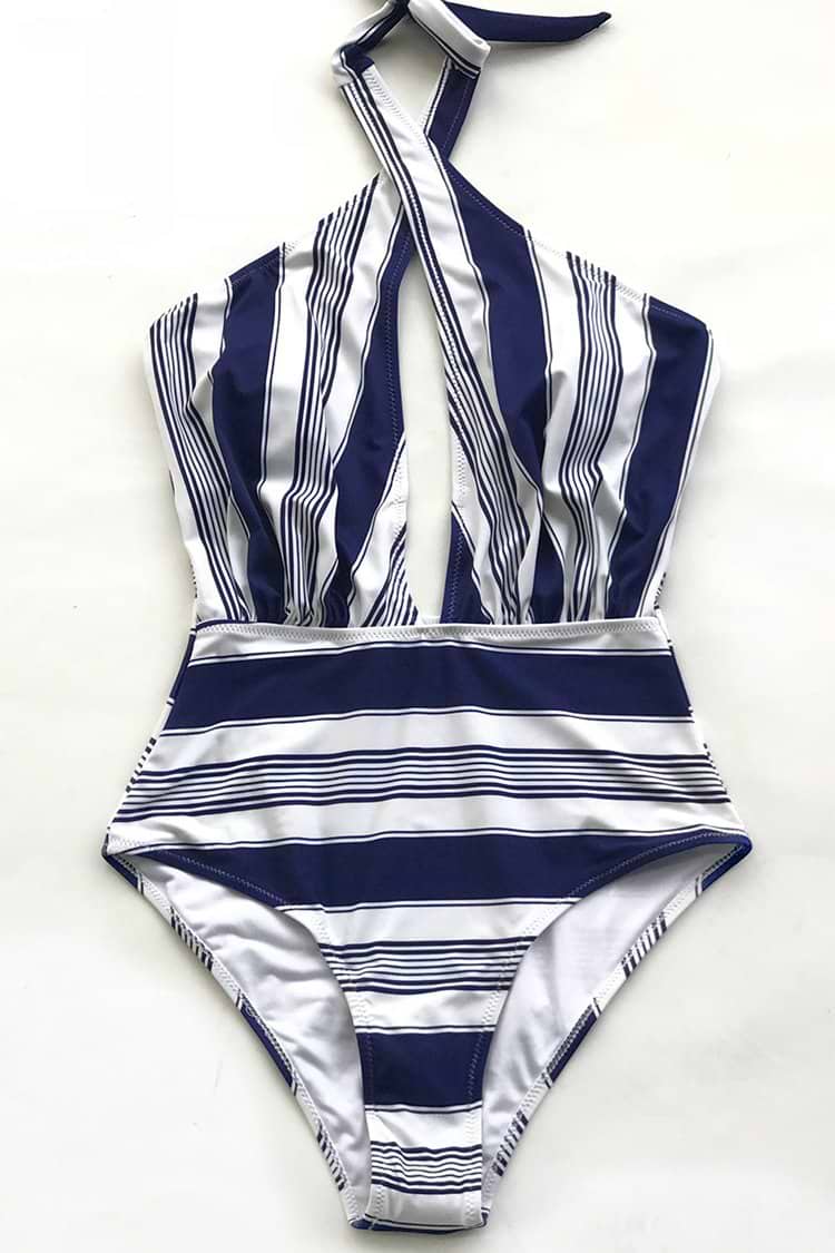 Navy And White Wrap One-Piece Swimsuit