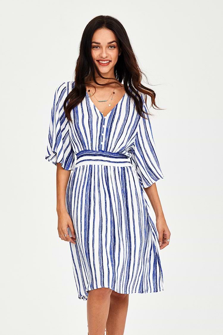 Blue and White Striped Midi Dress
