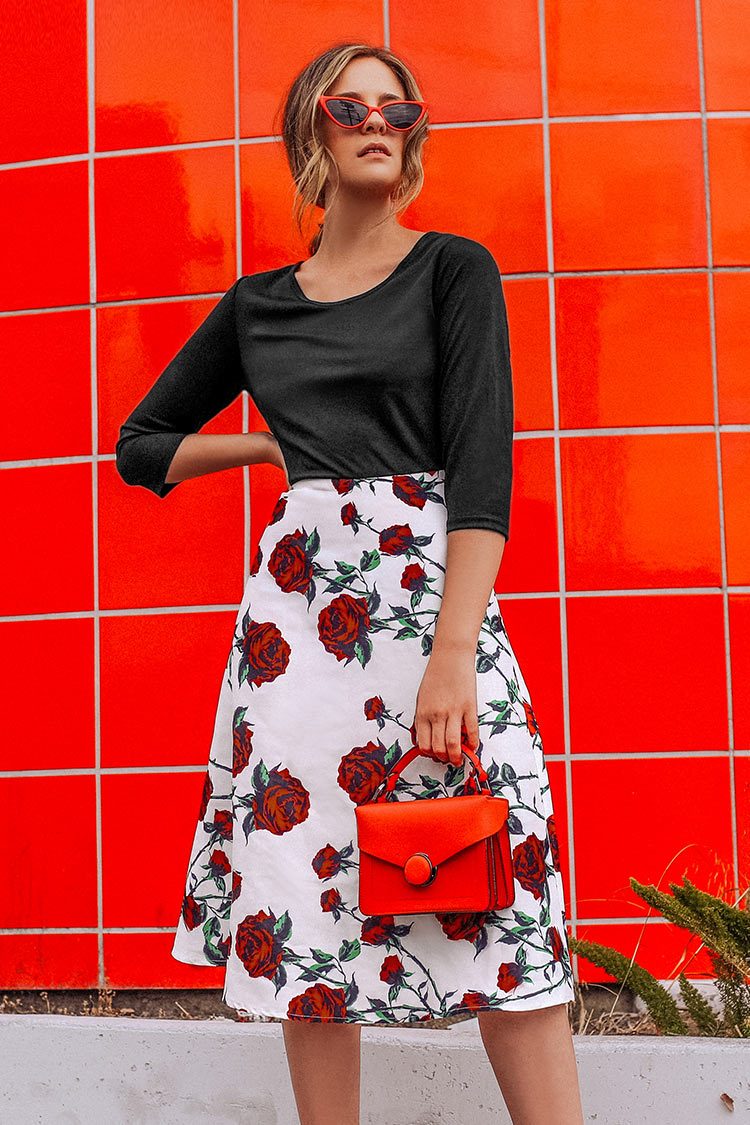 Black and Floral Print Midi Dress