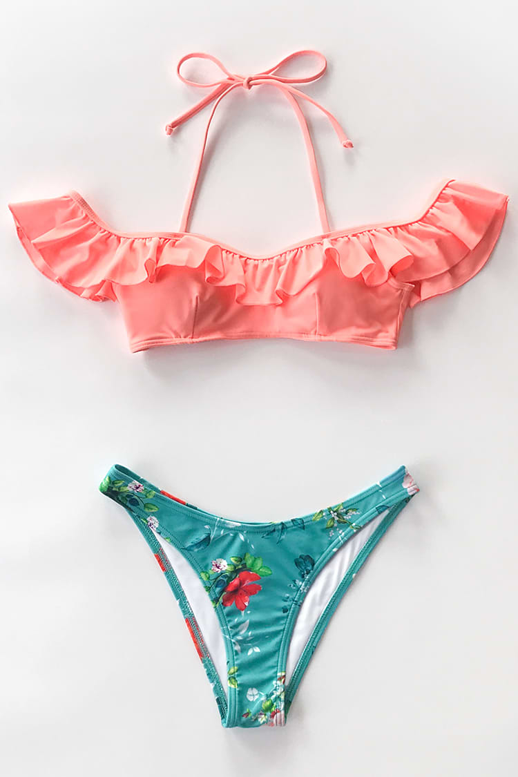Pink and Floral Ruffles Halter Bikini