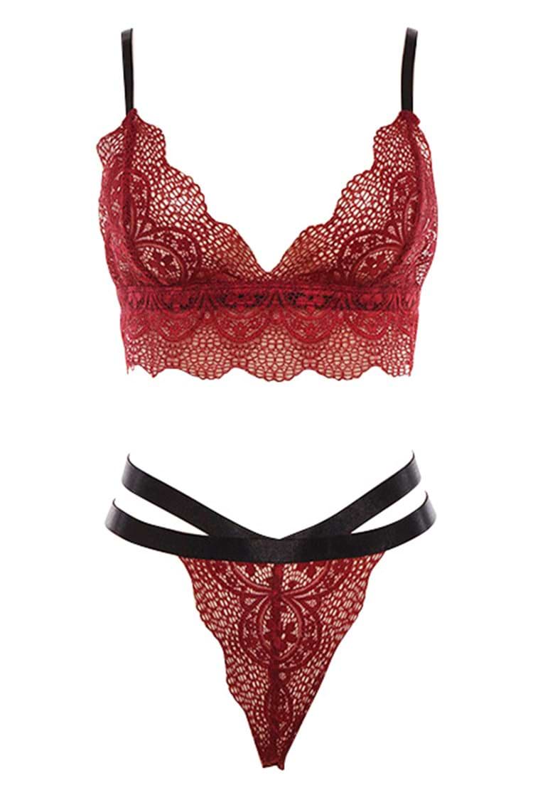 Sexy Wine Red Scallop Lingerie