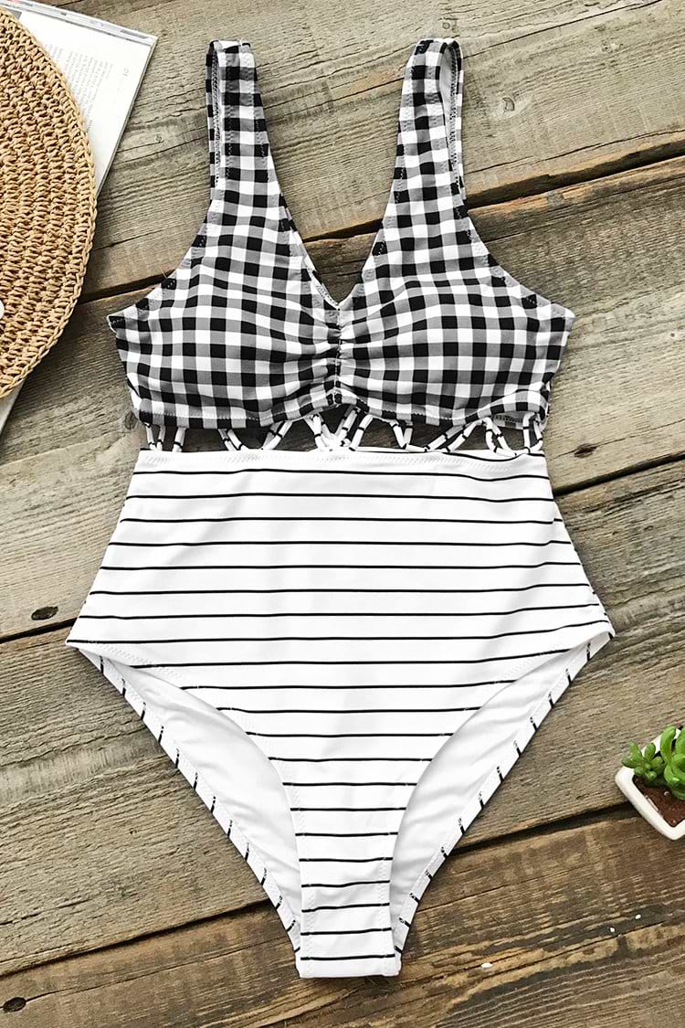 Black And White V-neck One-piece Swimsuit