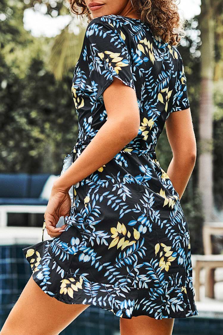 Black Leafy Print Short Sleeve Wrap Dress