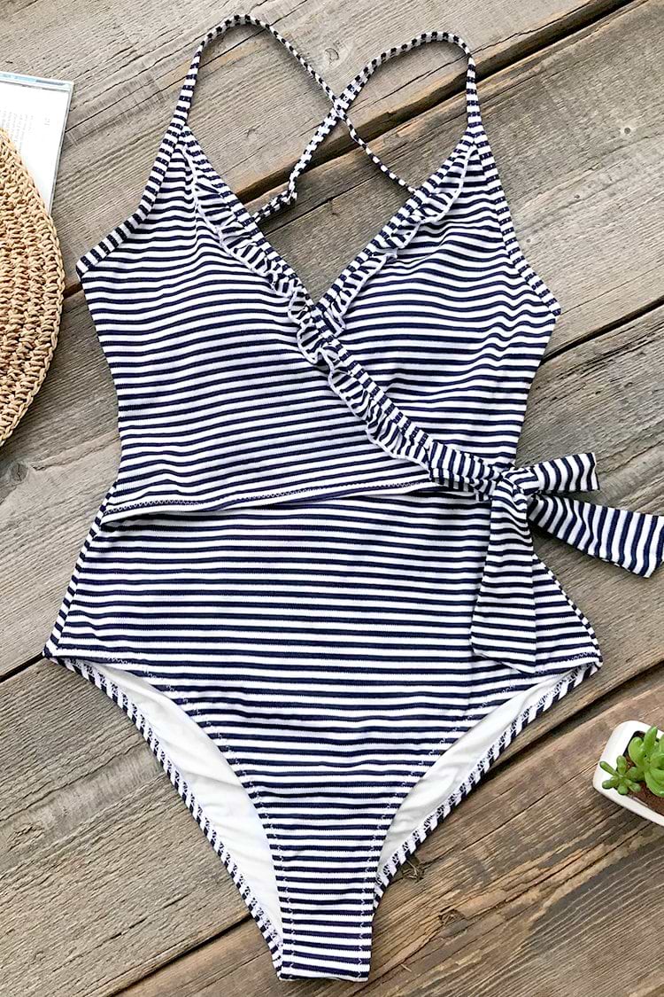 Navy And White Striped One-piece Swimsuit