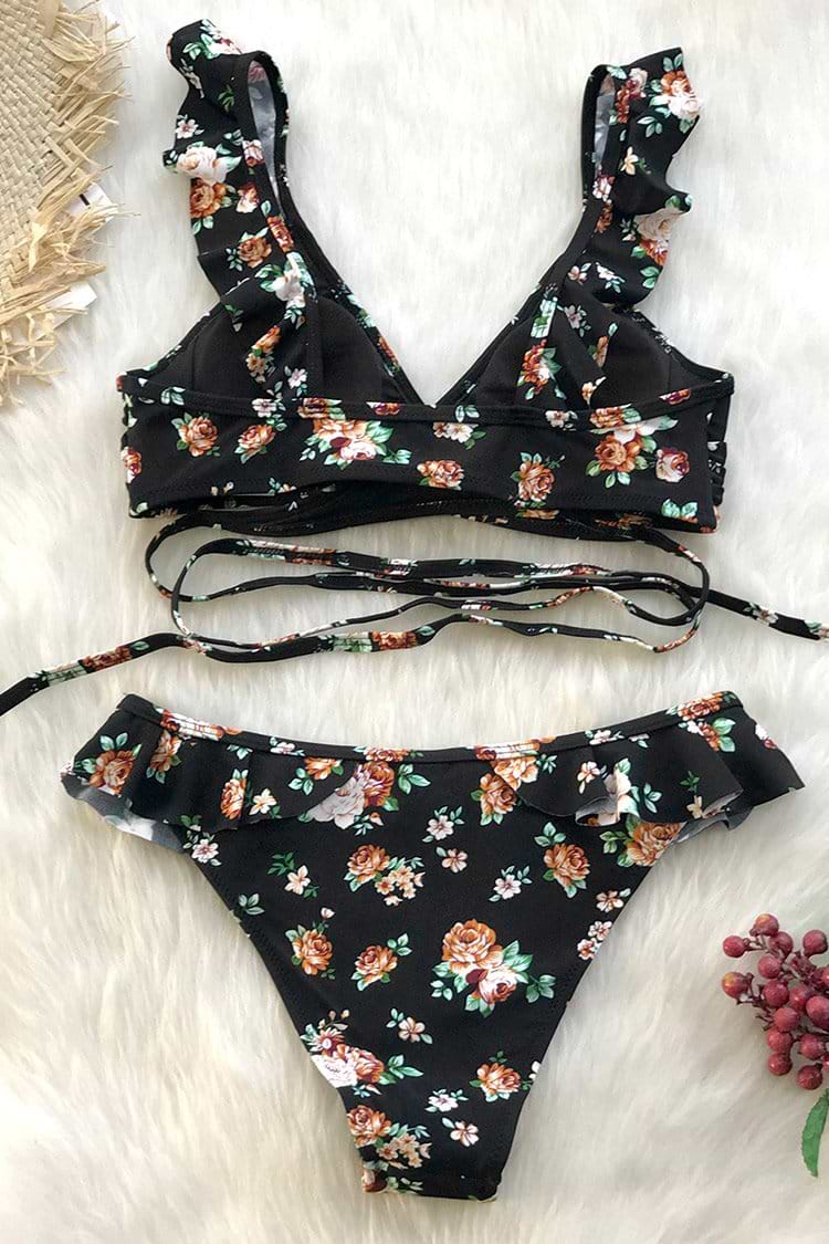 Night Floral Bikini With Ruffle
