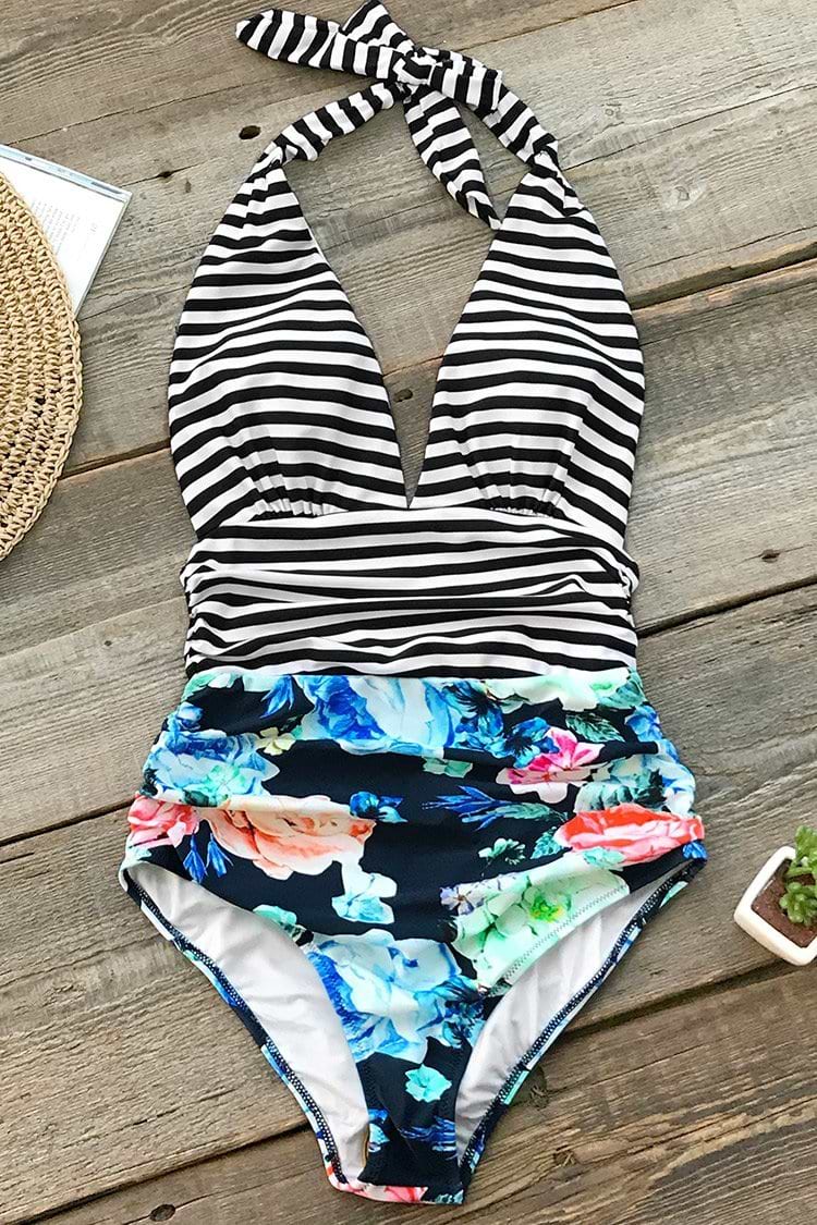 Black Stripe And Floral One-Piece Swimsuit