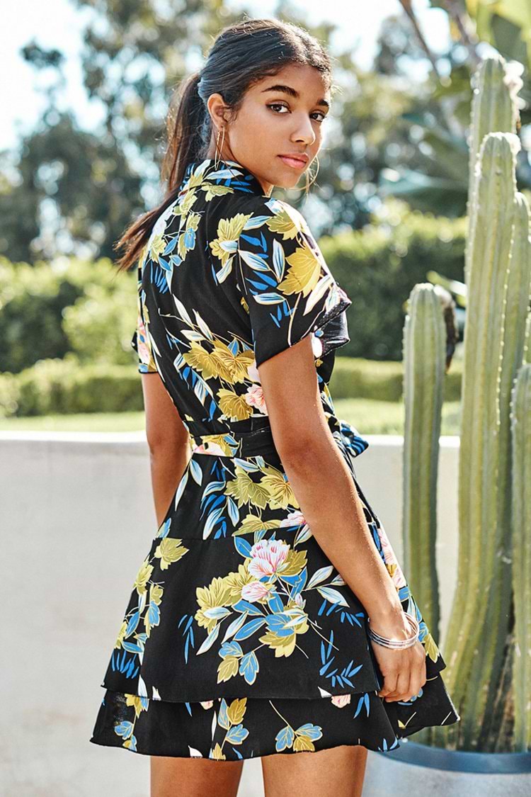 Black Floral Short Wrap Dress
