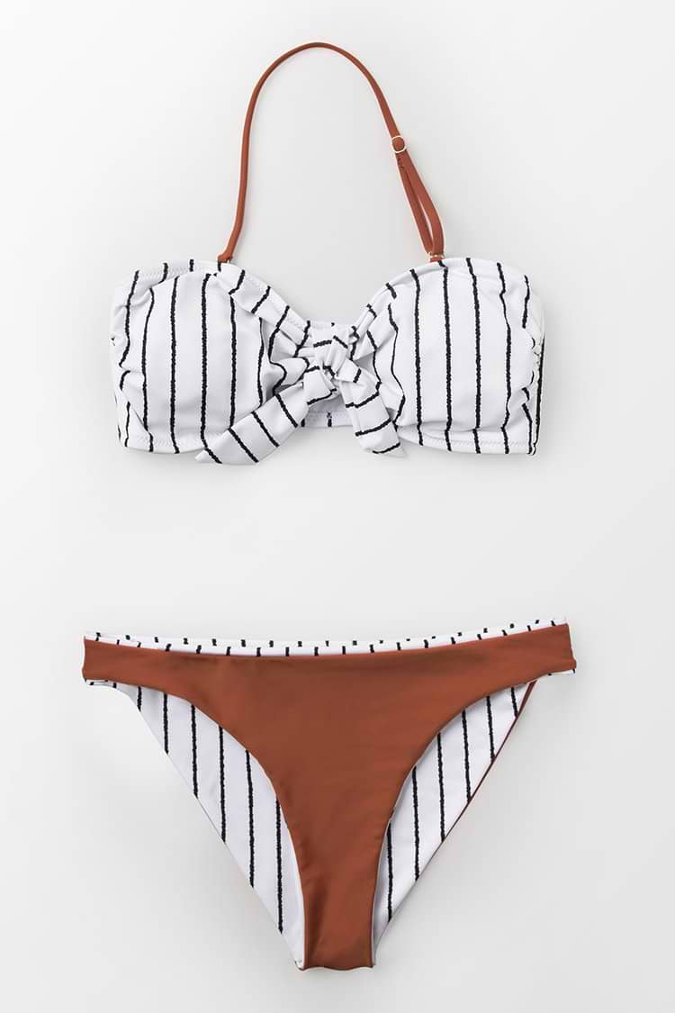 Striped And Caramel Bandeau Bikini