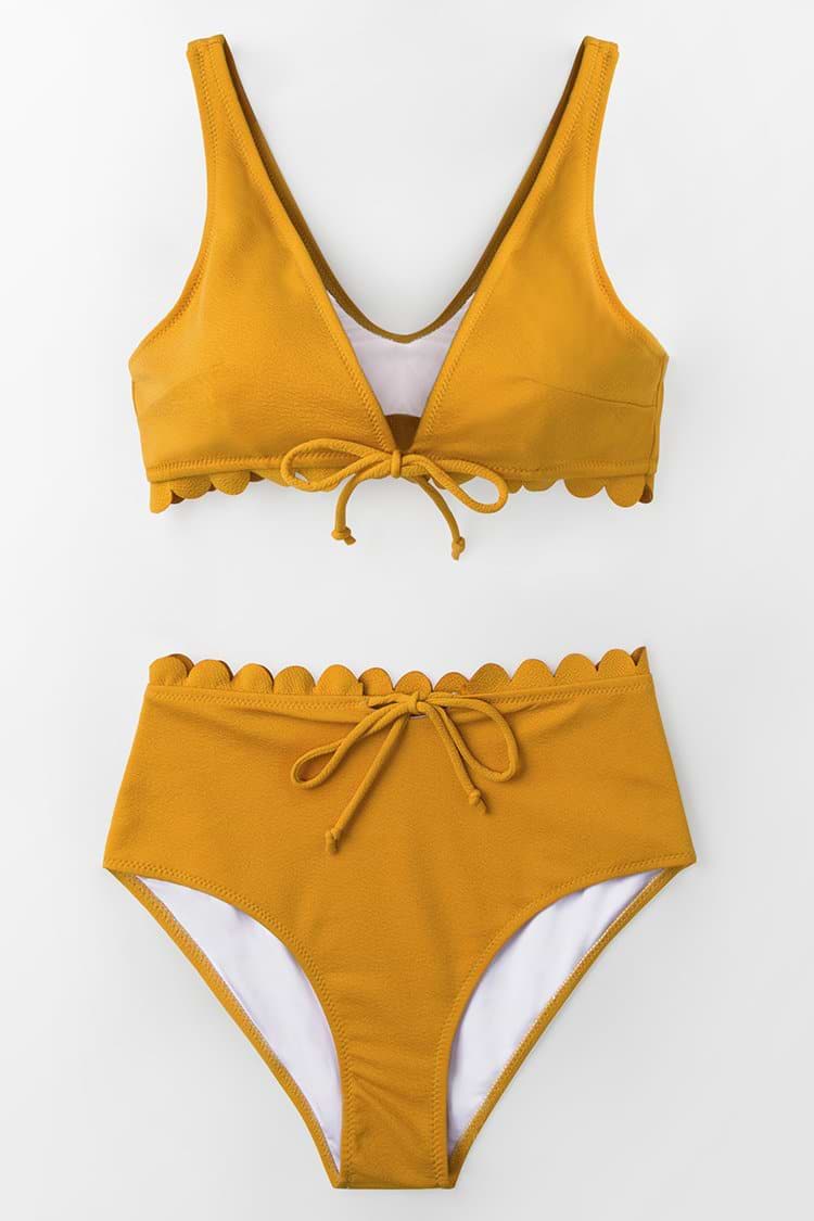 Bright Yellow Tie-Front Scalloped Bikini