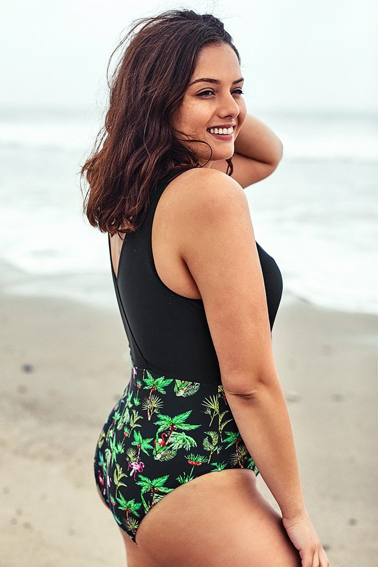 Palm Tree Print Plus Size One Piece Swimsuit