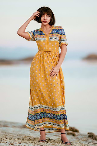 knee length dresses for ladies Golden Bloom Yellow Floral Boho Maxi Dress main image 0