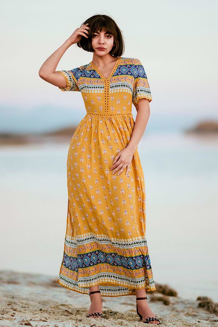 Yellow Boho Hollow Out Maxi Dress