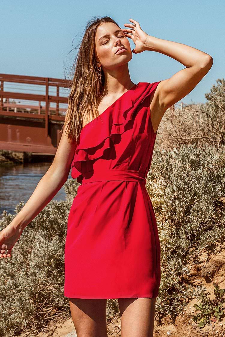 red one shoulder mini dress Red Floral Jacquard One Shoulder Mini Dress - All Dresses