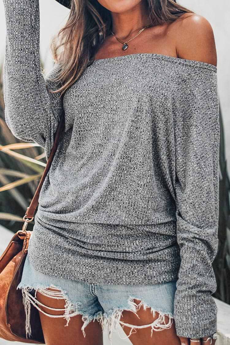 Gray Off-The-Shoulder Long Sleeve Top