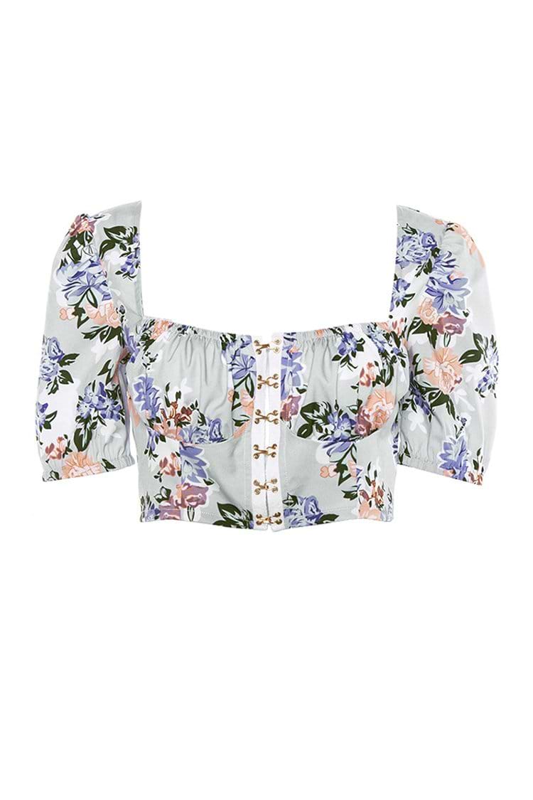 Floral Hook-and-Eye Puff Sleeve Crop Top