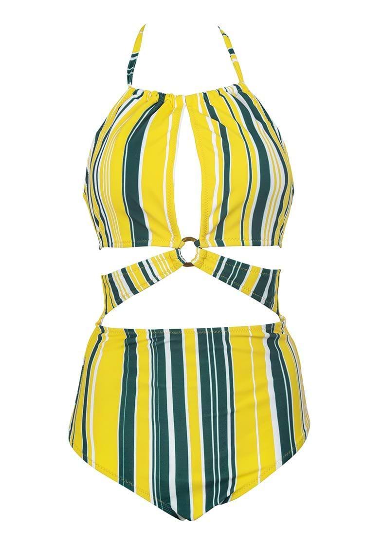 Yellow Gray and White Stripe Print One Piece Swimsuit