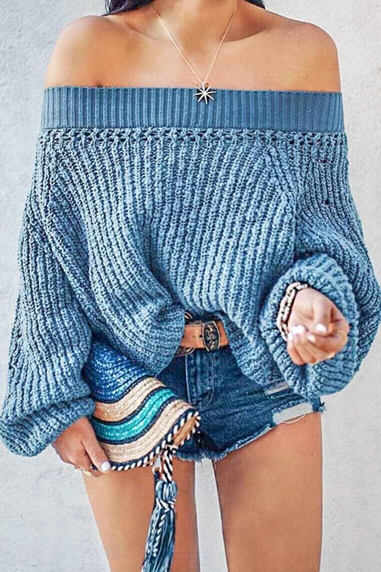 Blue Chunky Off-The-Shoulder Sweater
